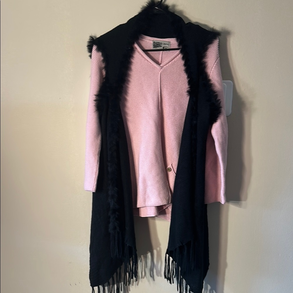 Black Rabbit Fur Trim Women's Sweater Vest